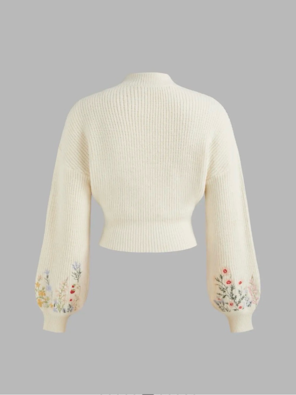 Cider Cream Cropped Crewneck Sweater with Floral Embroidery - Picture 3 of 8